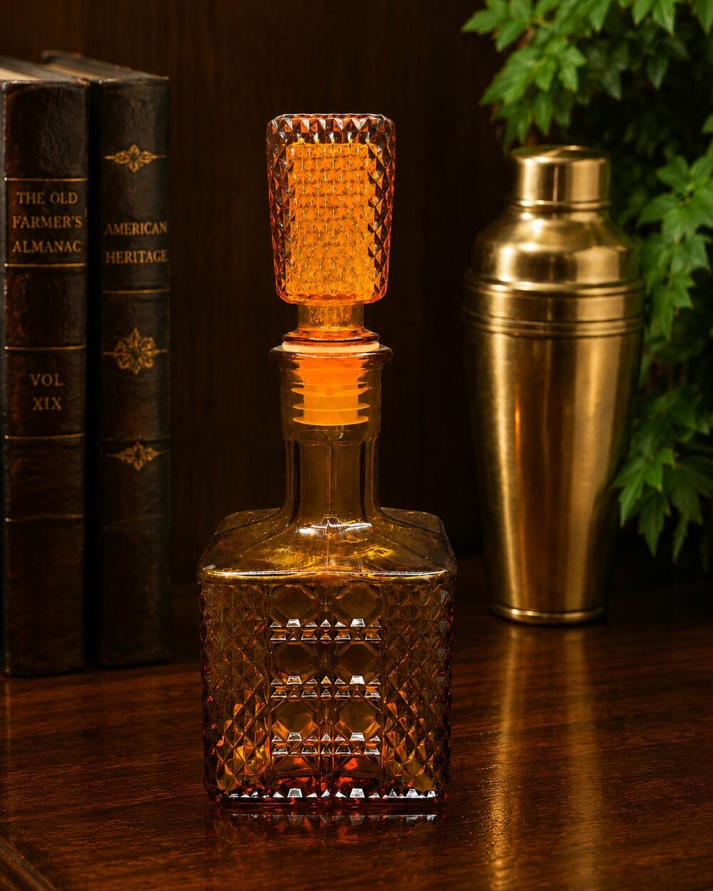 Vintage Viking Yesteryear Amber Glass Decanter with Stopper Mid Century Barware